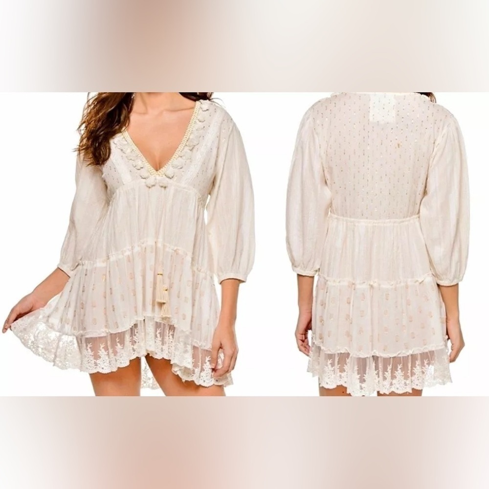 Z&L Tassels Lace Trim Tiered Airy-Cotton Mini Dress Ivory Gold  Large NWT